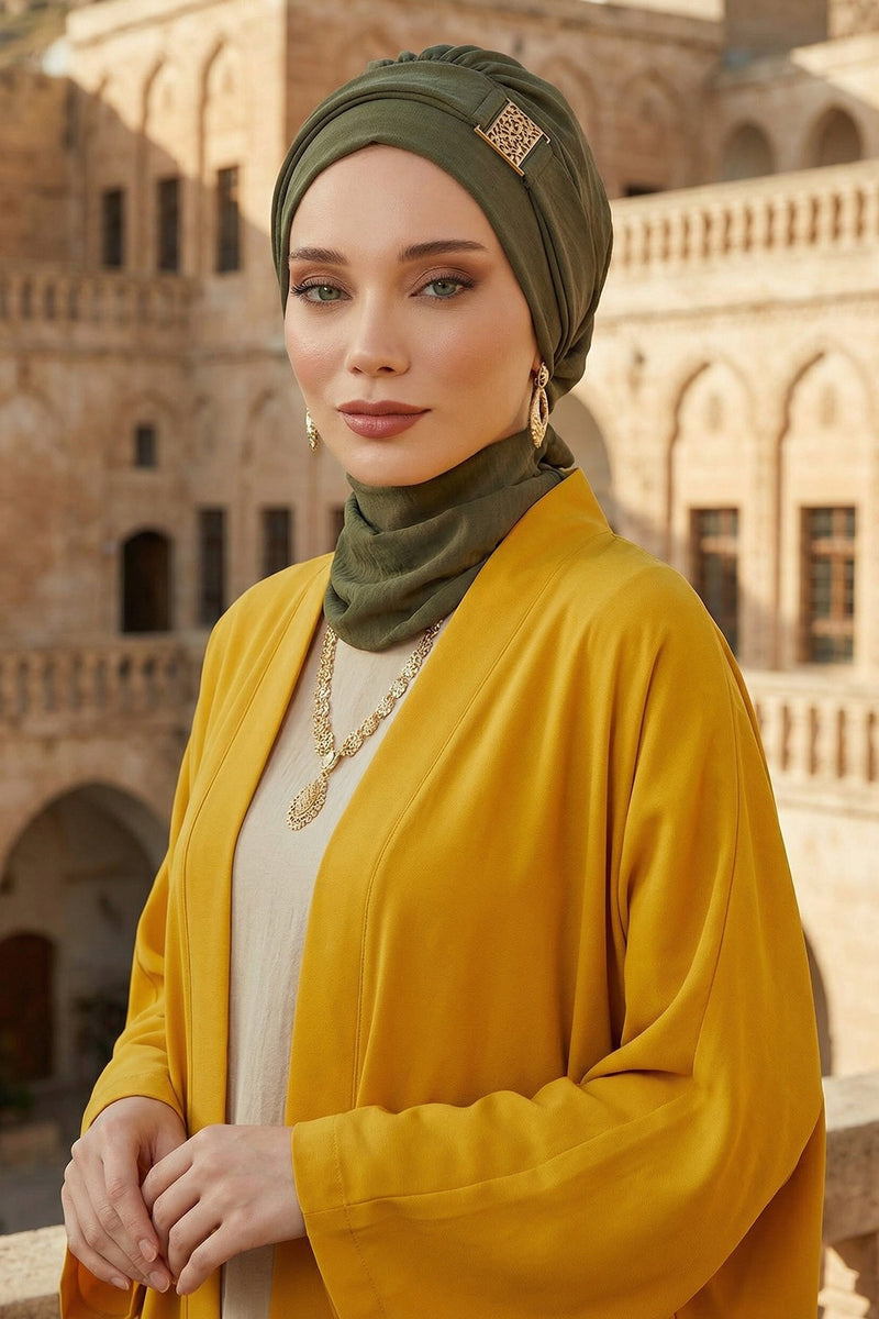 Modest Fashion Instant Aerobin Turban with Leopard Pattern Accessory, Pre-Tied Aerobin Hijab with Chic Metal Accessory,HT-11A