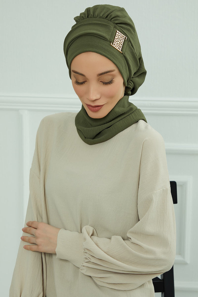 Modest Fashion Instant Aerobin Turban with Leopard Pattern Accessory, Pre-Tied Aerobin Hijab with Chic Metal Accessory,HT-11A