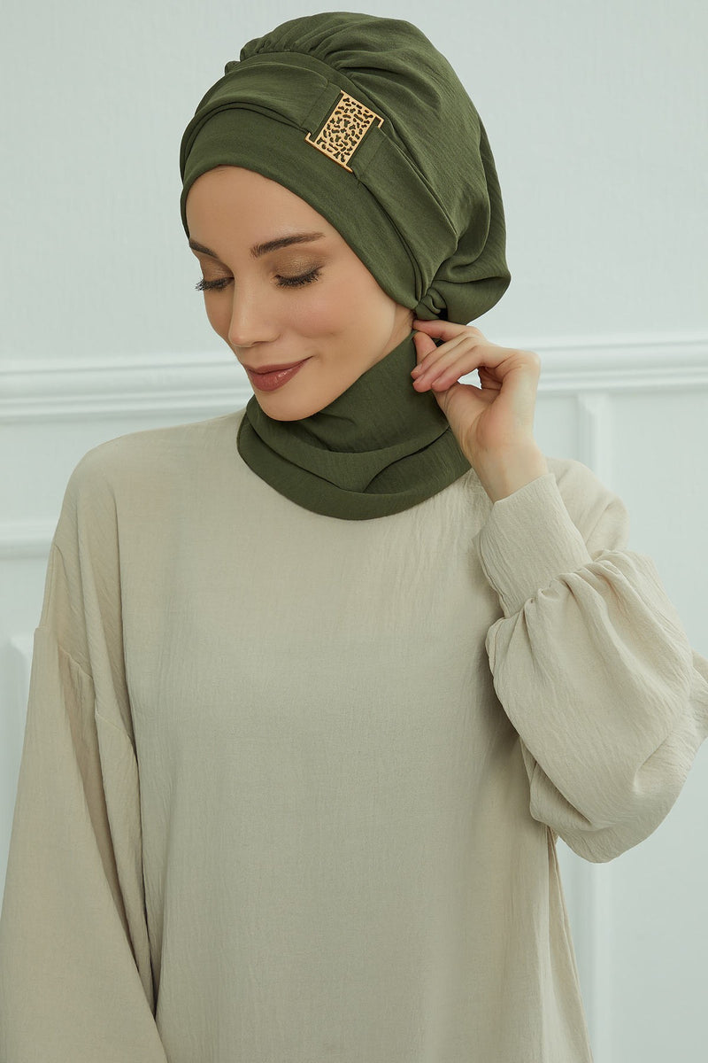 Modest Fashion Instant Aerobin Turban with Leopard Pattern Accessory, Pre-Tied Aerobin Hijab with Chic Metal Accessory,HT-11A