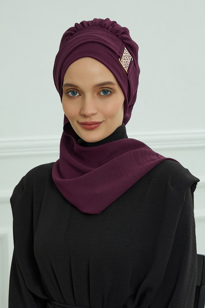 Modest Fashion Instant Aerobin Turban with Leopard Pattern Accessory, Pre-Tied Aerobin Hijab with Chic Metal Accessory,HT-11A