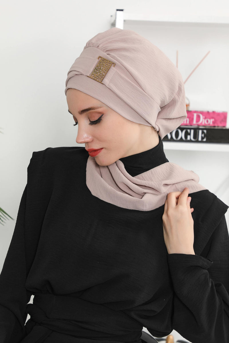 Modest Fashion Instant Aerobin Turban with Leopard Pattern Accessory, Pre-Tied Aerobin Hijab with Chic Metal Accessory,HT-11A