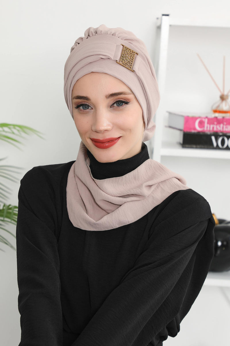Modest Fashion Instant Aerobin Turban with Leopard Pattern Accessory, Pre-Tied Aerobin Hijab with Chic Metal Accessory,HT-11A