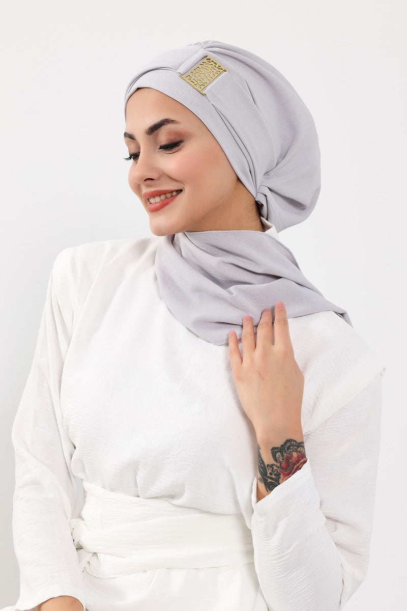 Modest Fashion Instant Aerobin Turban with Leopard Pattern Accessory, Pre-Tied Aerobin Hijab with Chic Metal Accessory,HT-11A