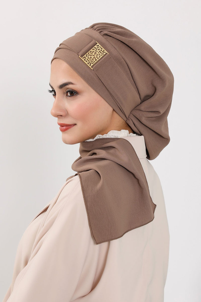 Modest Fashion Instant Aerobin Turban with Leopard Pattern Accessory, Pre-Tied Aerobin Hijab with Chic Metal Accessory,HT-11A