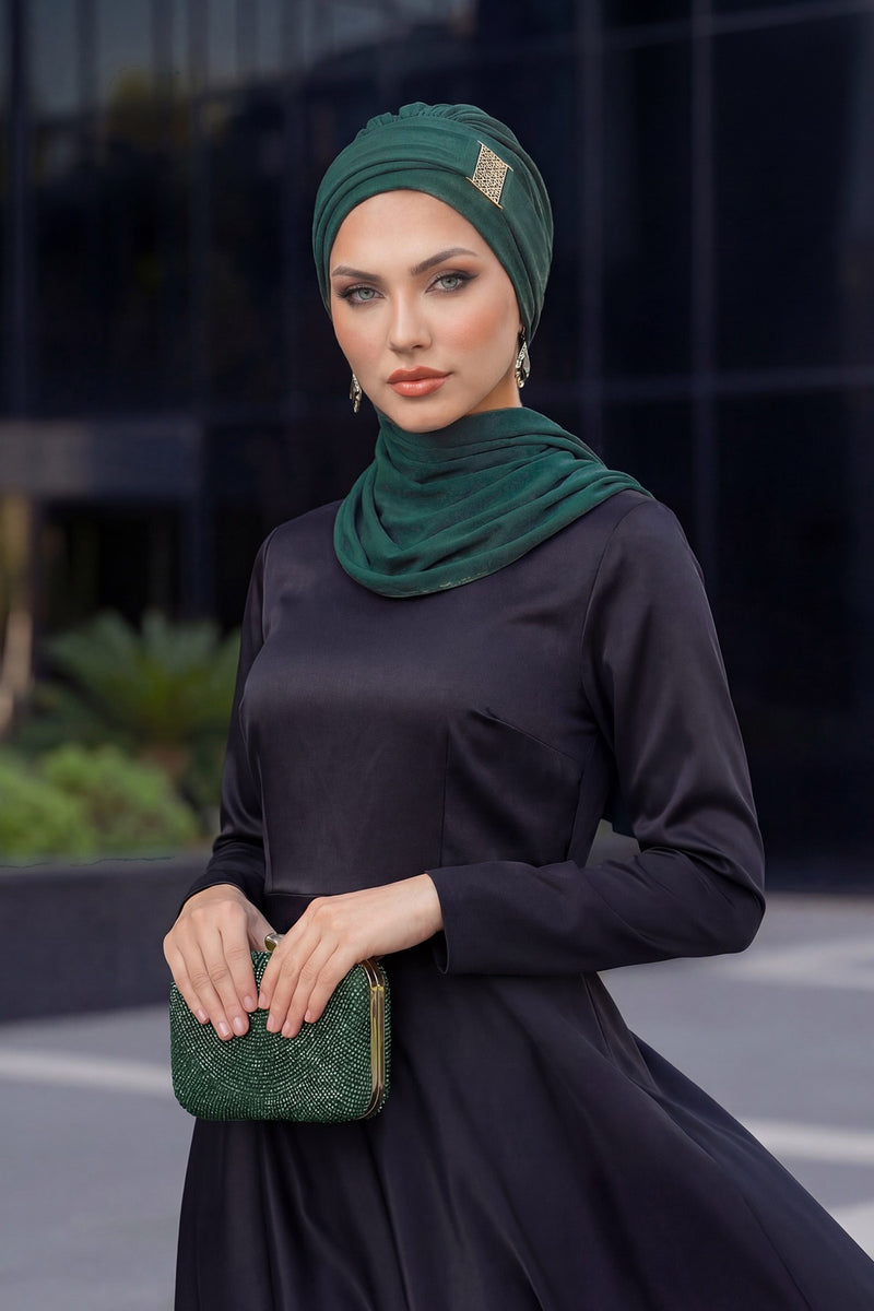 Modest Fashion Instant Aerobin Turban with Leopard Pattern Accessory, Pre-Tied Aerobin Hijab with Chic Metal Accessory,HT-11A