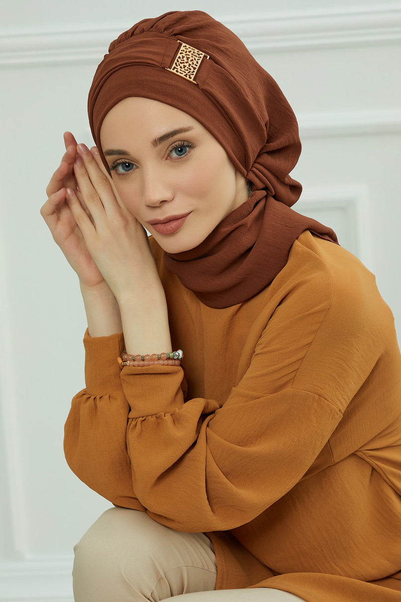 Modest Fashion Instant Aerobin Turban with Leopard Pattern Accessory, Pre-Tied Aerobin Hijab with Chic Metal Accessory,HT-11A