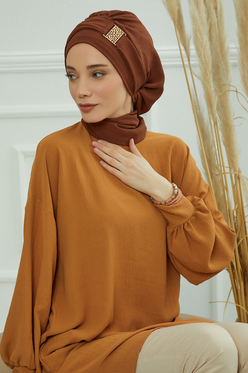 Modest Fashion Instant Aerobin Turban with Leopard Pattern Accessory, Pre-Tied Aerobin Hijab with Chic Metal Accessory,HT-11A