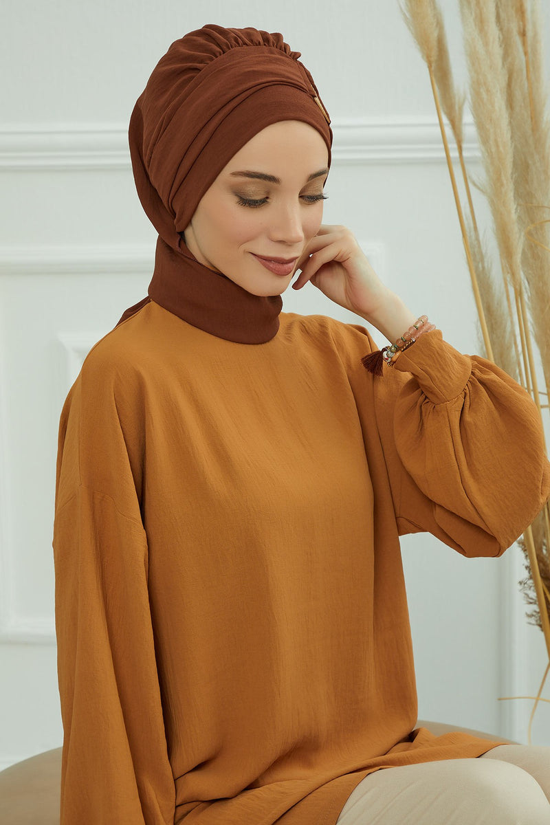 Modest Fashion Instant Aerobin Turban with Leopard Pattern Accessory, Pre-Tied Aerobin Hijab with Chic Metal Accessory,HT-11A