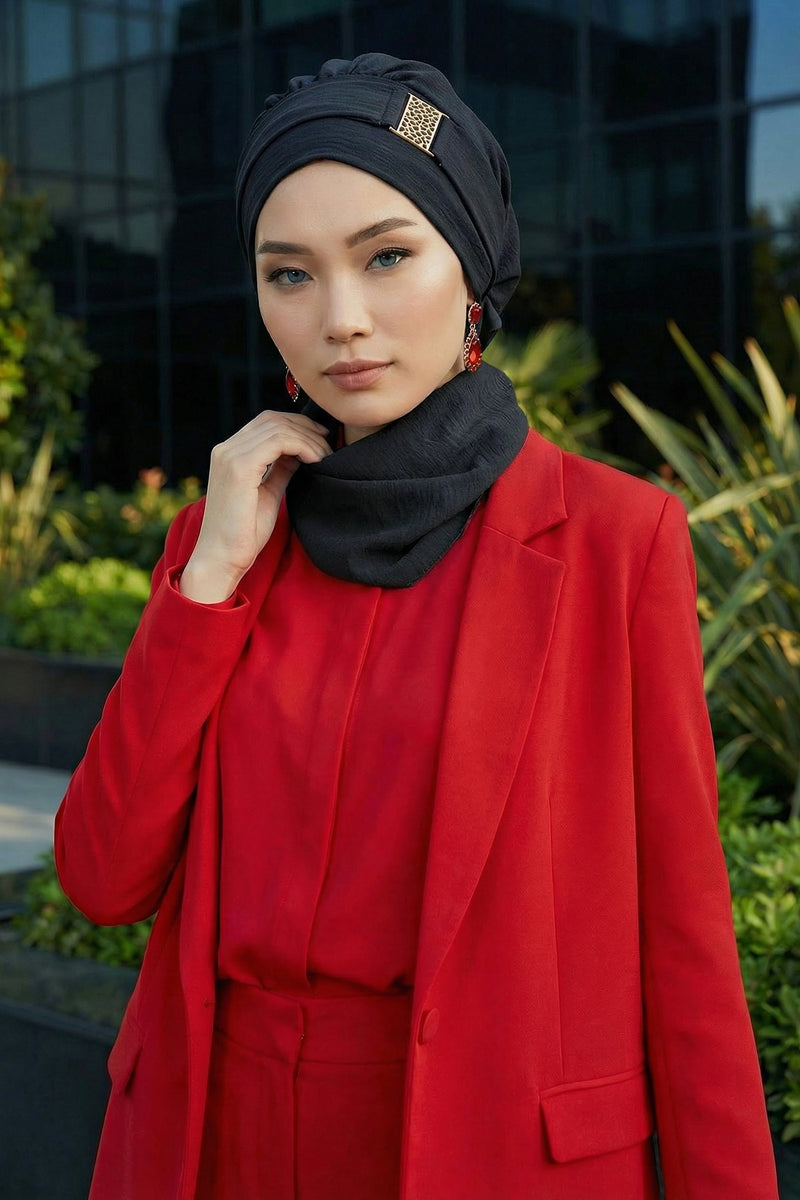 Modest Fashion Instant Aerobin Turban with Leopard Pattern Accessory, Pre-Tied Aerobin Hijab with Chic Metal Accessory,HT-11A