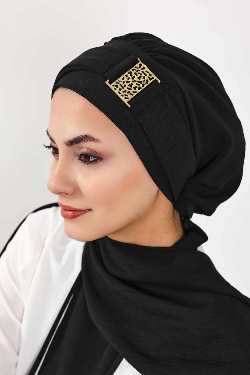 Modest Fashion Instant Aerobin Turban with Leopard Pattern Accessory, Pre-Tied Aerobin Hijab with Chic Metal Accessory,HT-11A
