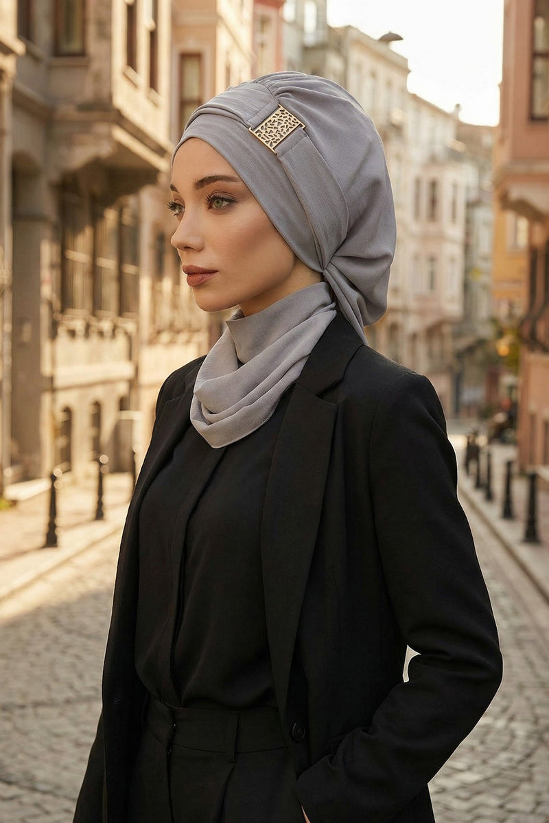 Modest Fashion Instant Aerobin Turban with Leopard Pattern Accessory, Pre-Tied Aerobin Hijab with Chic Metal Accessory,HT-11A