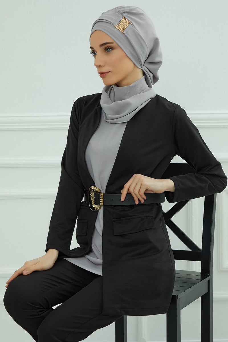 Modest Fashion Instant Aerobin Turban with Leopard Pattern Accessory, Pre-Tied Aerobin Hijab with Chic Metal Accessory,HT-11A