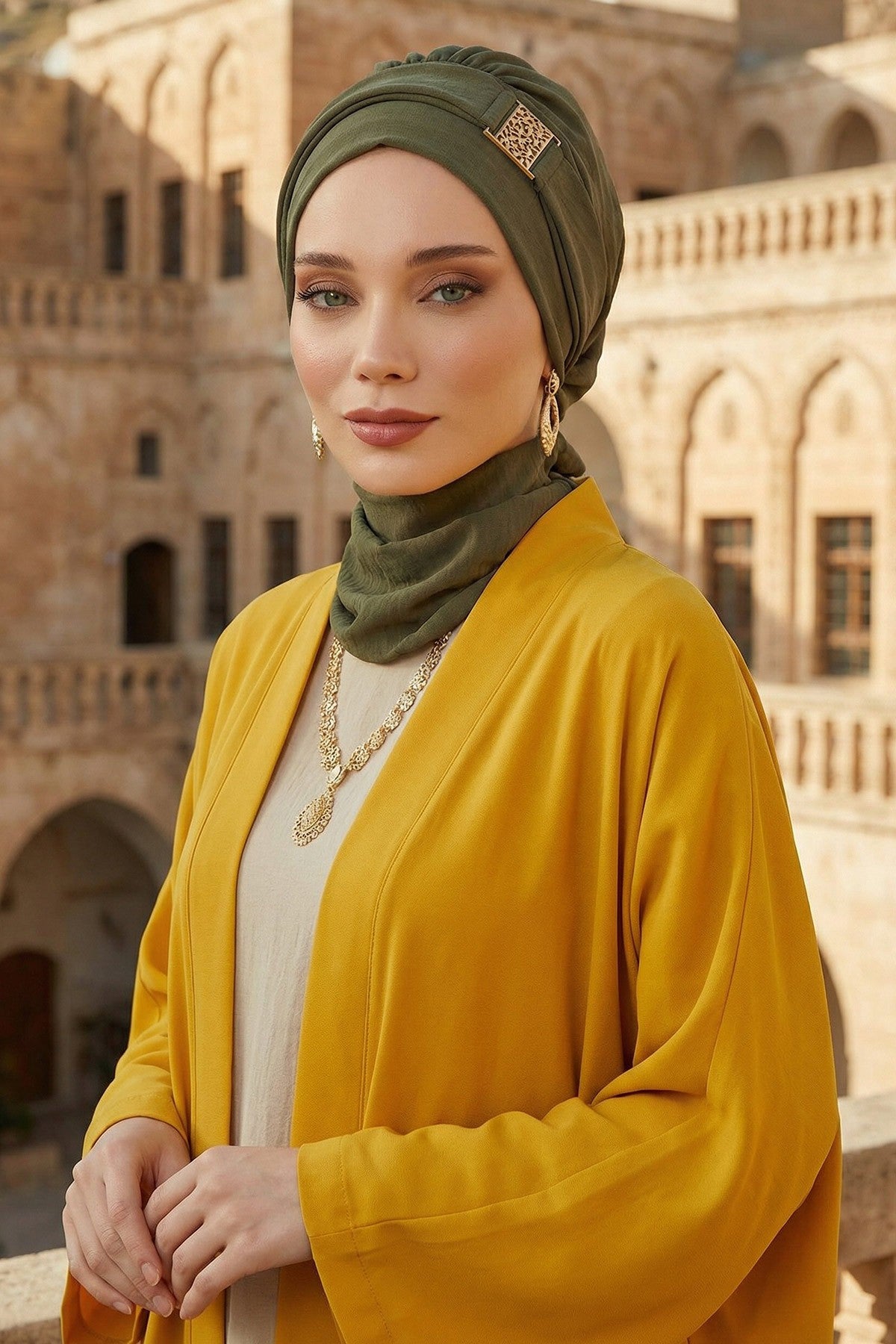 Modest Fashion Instant Aerobin Turban with Leopard Pattern Accessory, Pre-Tied Aerobin Hijab with Chic Metal Accessory,HT-11A Army Green