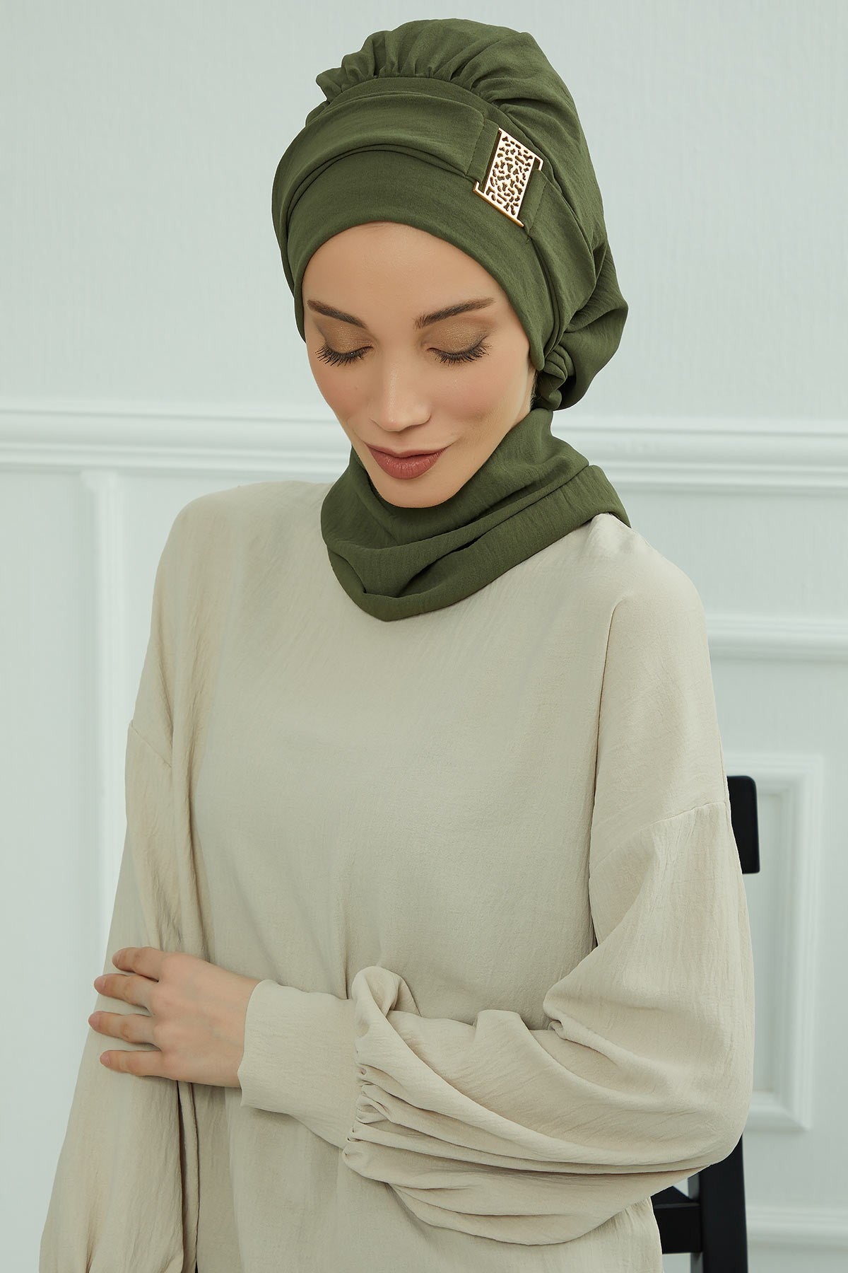 Modest Fashion Instant Aerobin Turban with Leopard Pattern Accessory, Pre-Tied Aerobin Hijab with Chic Metal Accessory,HT-11A Army Green
