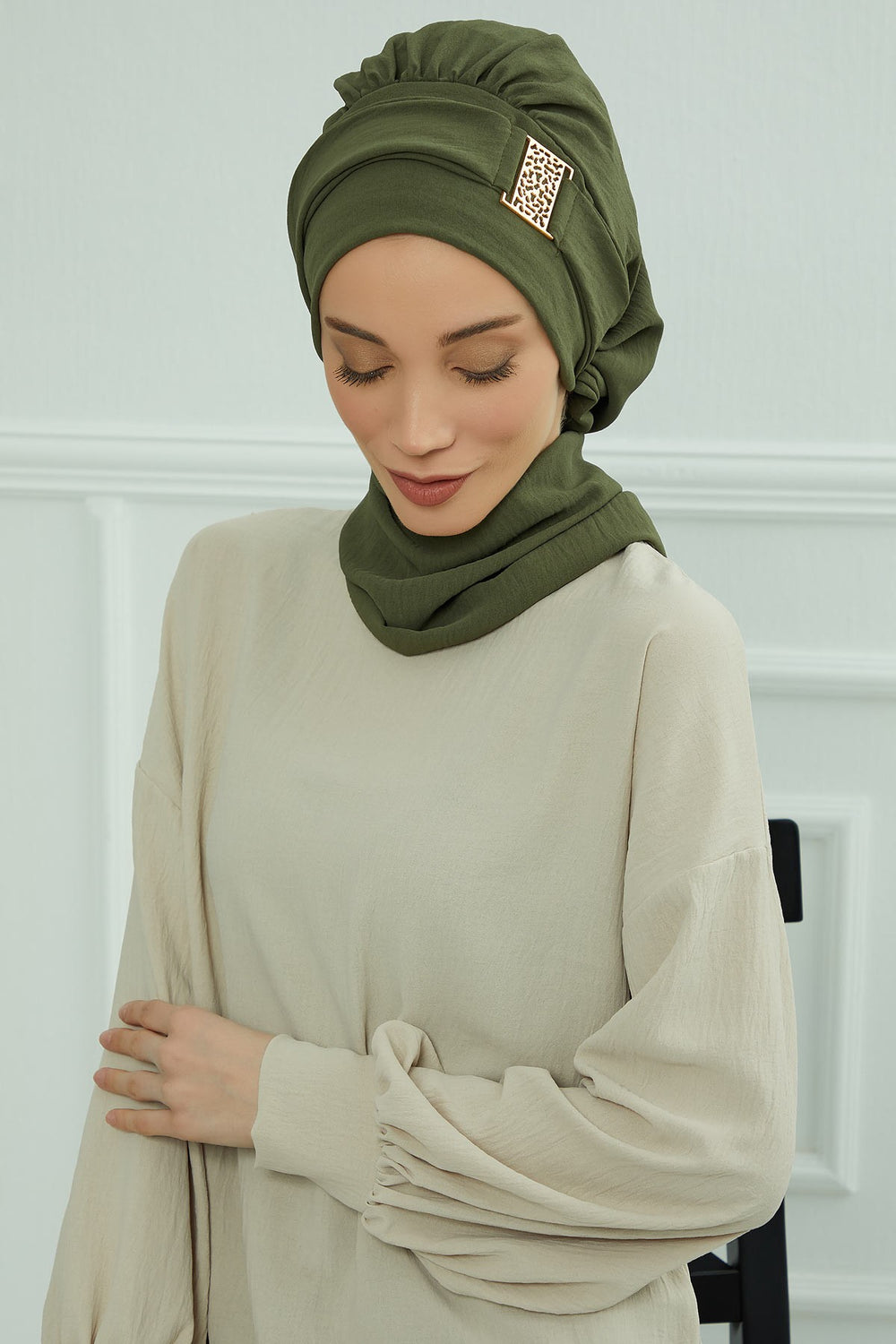 Modest Fashion Instant Aerobin Turban with Leopard Pattern Accessory, Pre-Tied Aerobin Hijab with Chic Metal Accessory,HT-11A Army Green