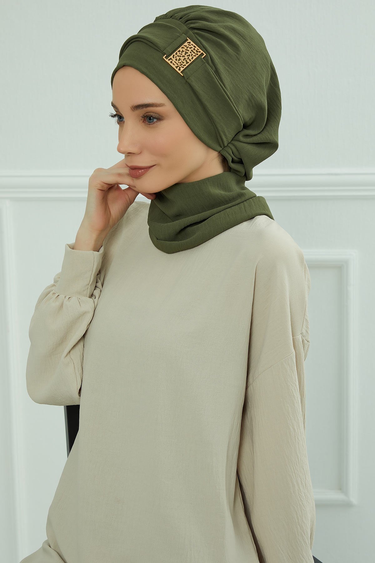 Modest Fashion Instant Aerobin Turban with Leopard Pattern Accessory, Pre-Tied Aerobin Hijab with Chic Metal Accessory,HT-11A Army Green