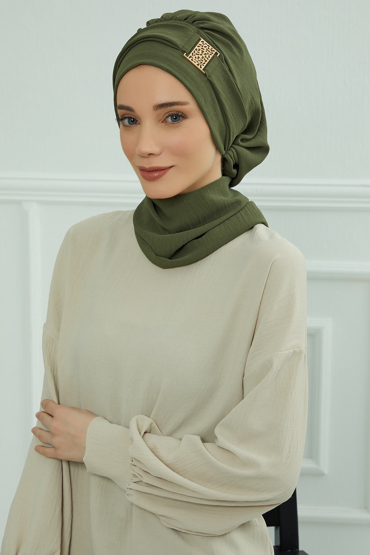 Modest Fashion Instant Aerobin Turban with Leopard Pattern Accessory, Pre-Tied Aerobin Hijab with Chic Metal Accessory,HT-11A Army Green