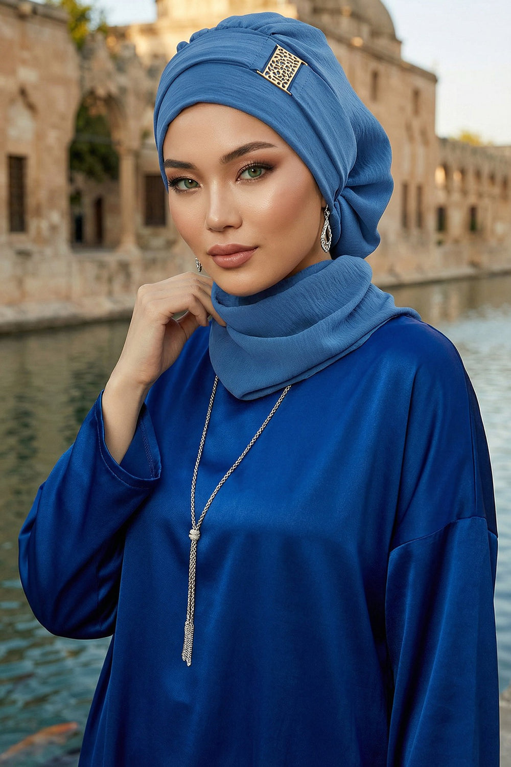 Modest Fashion Instant Aerobin Turban with Leopard Pattern Accessory, Pre-Tied Aerobin Hijab with Chic Metal Accessory,HT-11A Blue