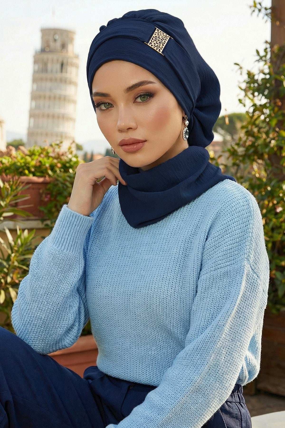 Modest Fashion Instant Aerobin Turban with Leopard Pattern Accessory, Pre-Tied Aerobin Hijab with Chic Metal Accessory,HT-11A Navy Blue
