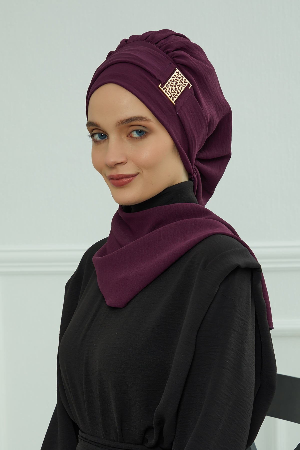 Modest Fashion Instant Aerobin Turban with Leopard Pattern Accessory, Pre-Tied Aerobin Hijab with Chic Metal Accessory,HT-11A Purple