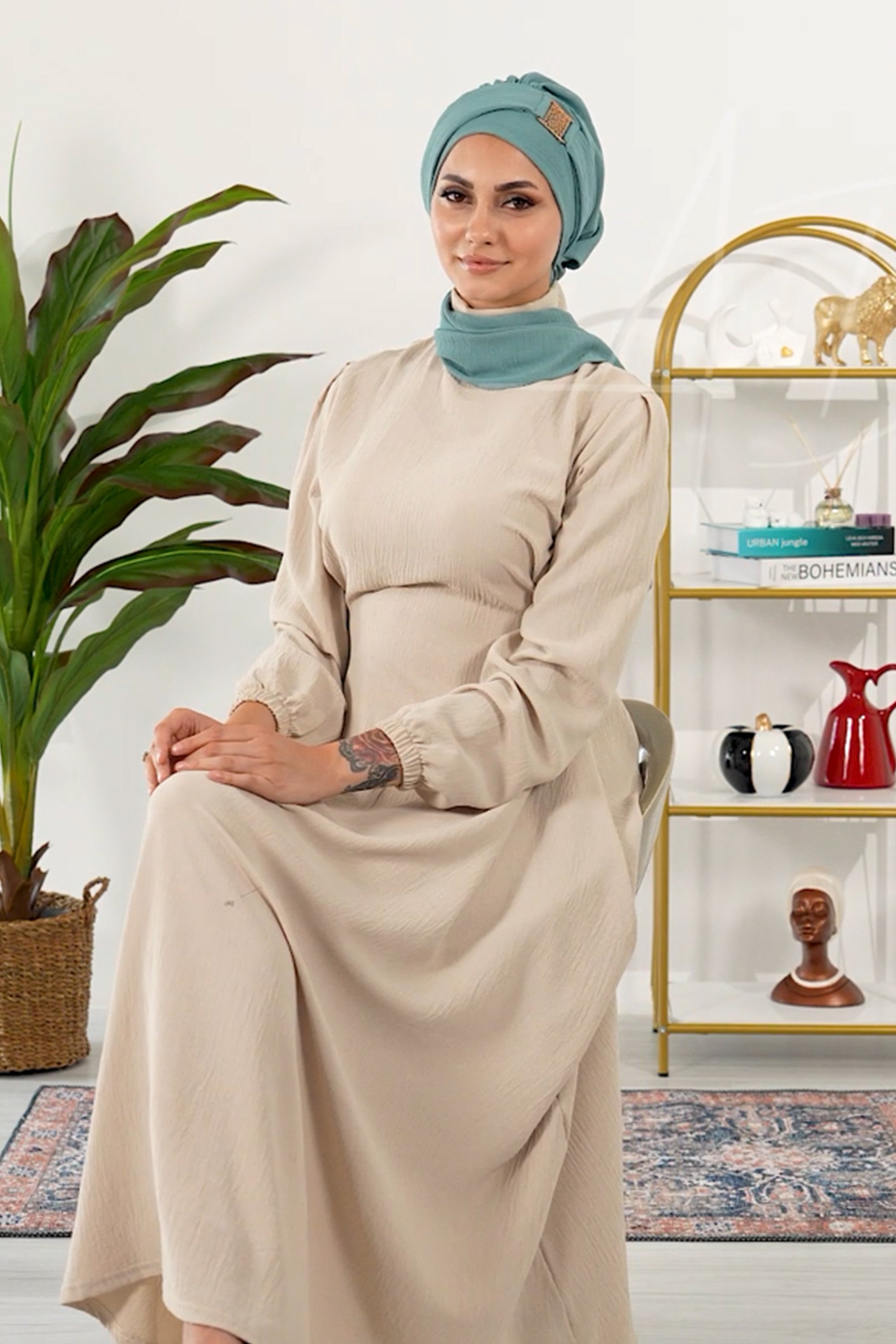 Modest Fashion Instant Aerobin Turban with Leopard Pattern Accessory, Pre-Tied Aerobin Hijab with Chic Metal Accessory,HT-11A Mint Green