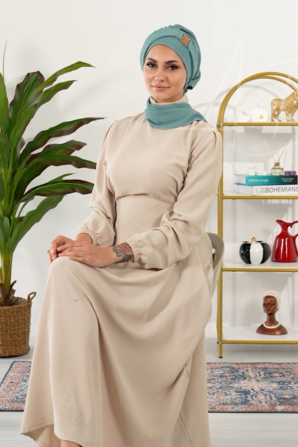 Modest Fashion Instant Aerobin Turban with Leopard Pattern Accessory, Pre-Tied Aerobin Hijab with Chic Metal Accessory,HT-11A Mint Green