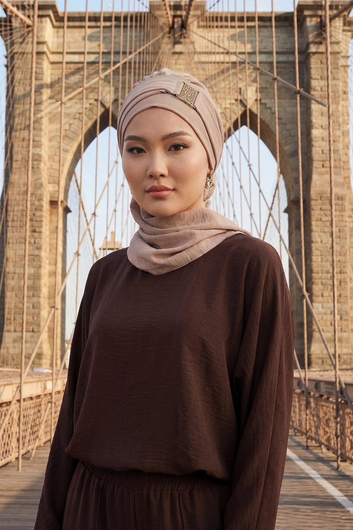 Modest Fashion Instant Aerobin Turban with Leopard Pattern Accessory, Pre-Tied Aerobin Hijab with Chic Metal Accessory,HT-11A Mink