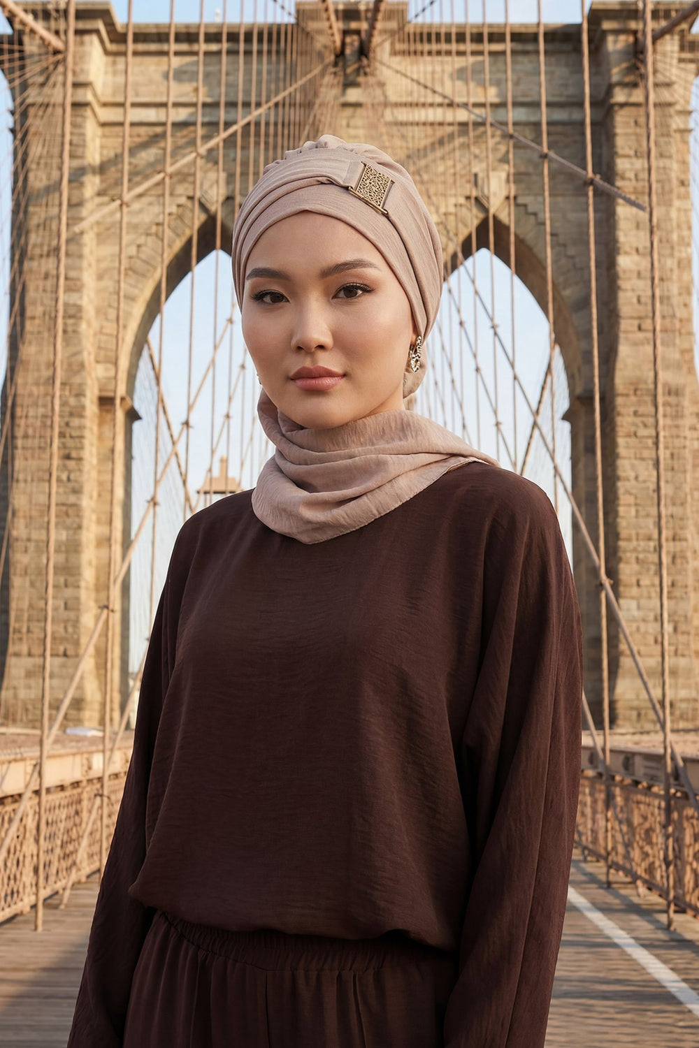 Modest Fashion Instant Aerobin Turban with Leopard Pattern Accessory, Pre-Tied Aerobin Hijab with Chic Metal Accessory,HT-11A Mink