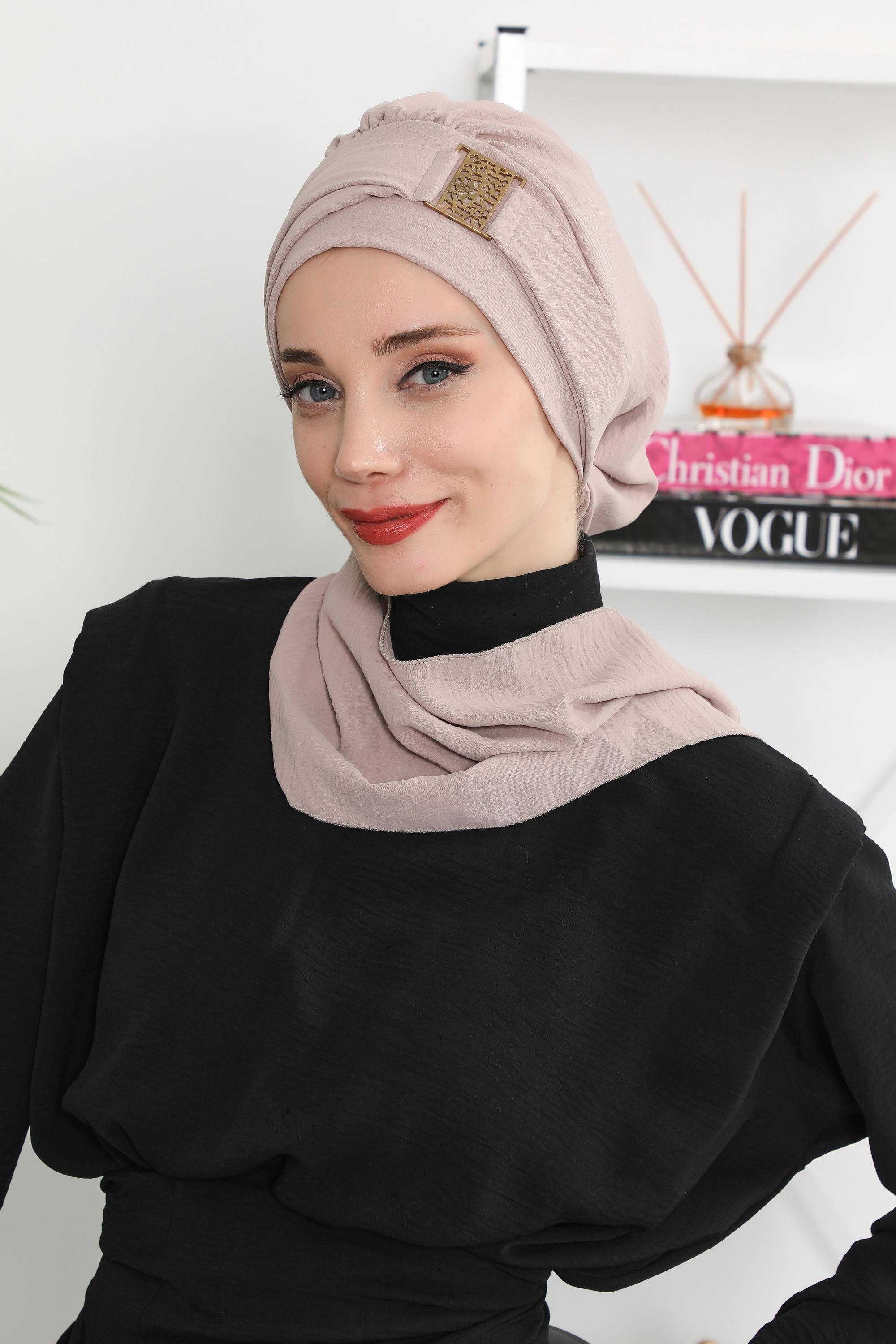 Modest Fashion Instant Aerobin Turban with Leopard Pattern Accessory, Pre-Tied Aerobin Hijab with Chic Metal Accessory,HT-11A Mink