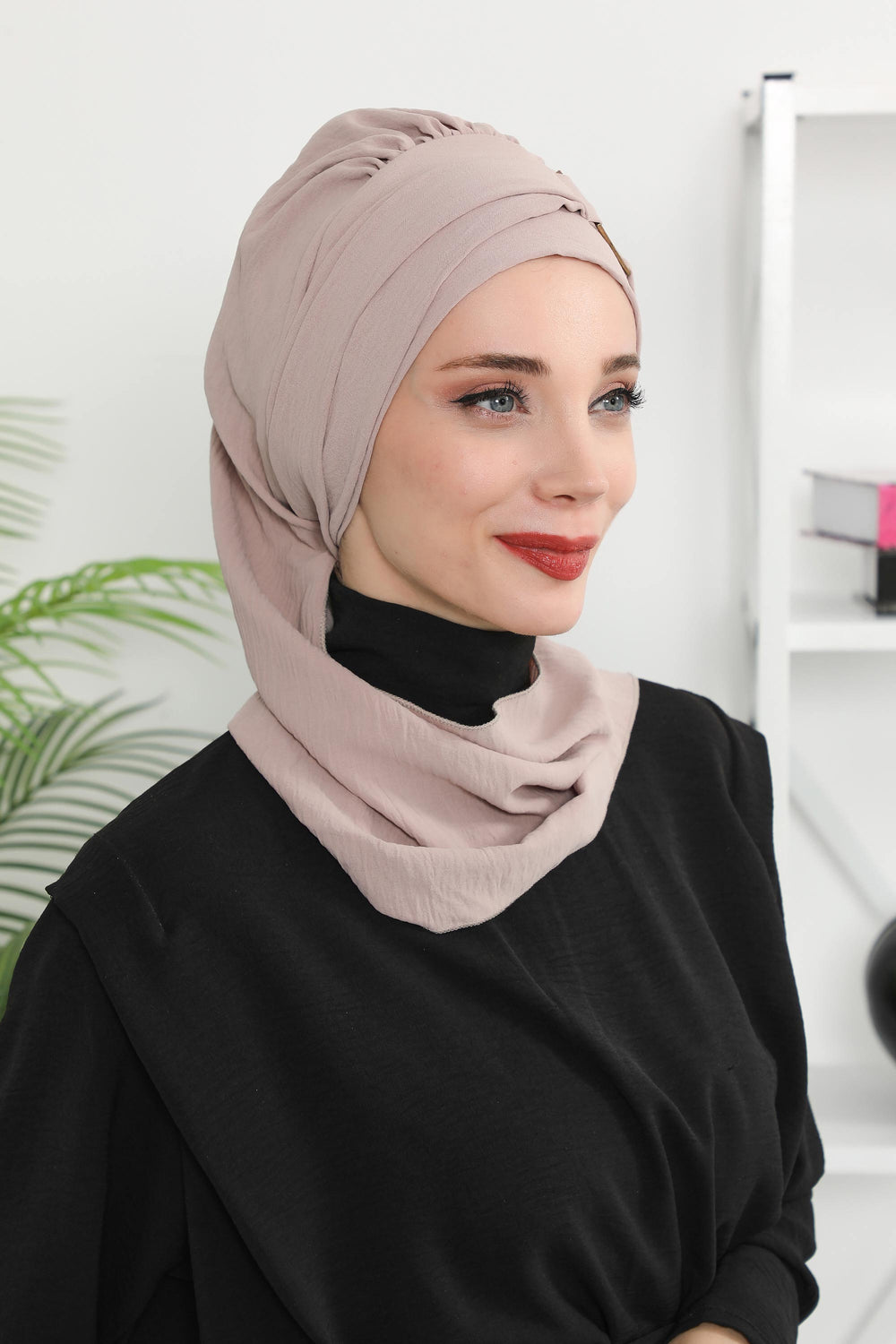Modest Fashion Instant Aerobin Turban with Leopard Pattern Accessory, Pre-Tied Aerobin Hijab with Chic Metal Accessory,HT-11A Mink