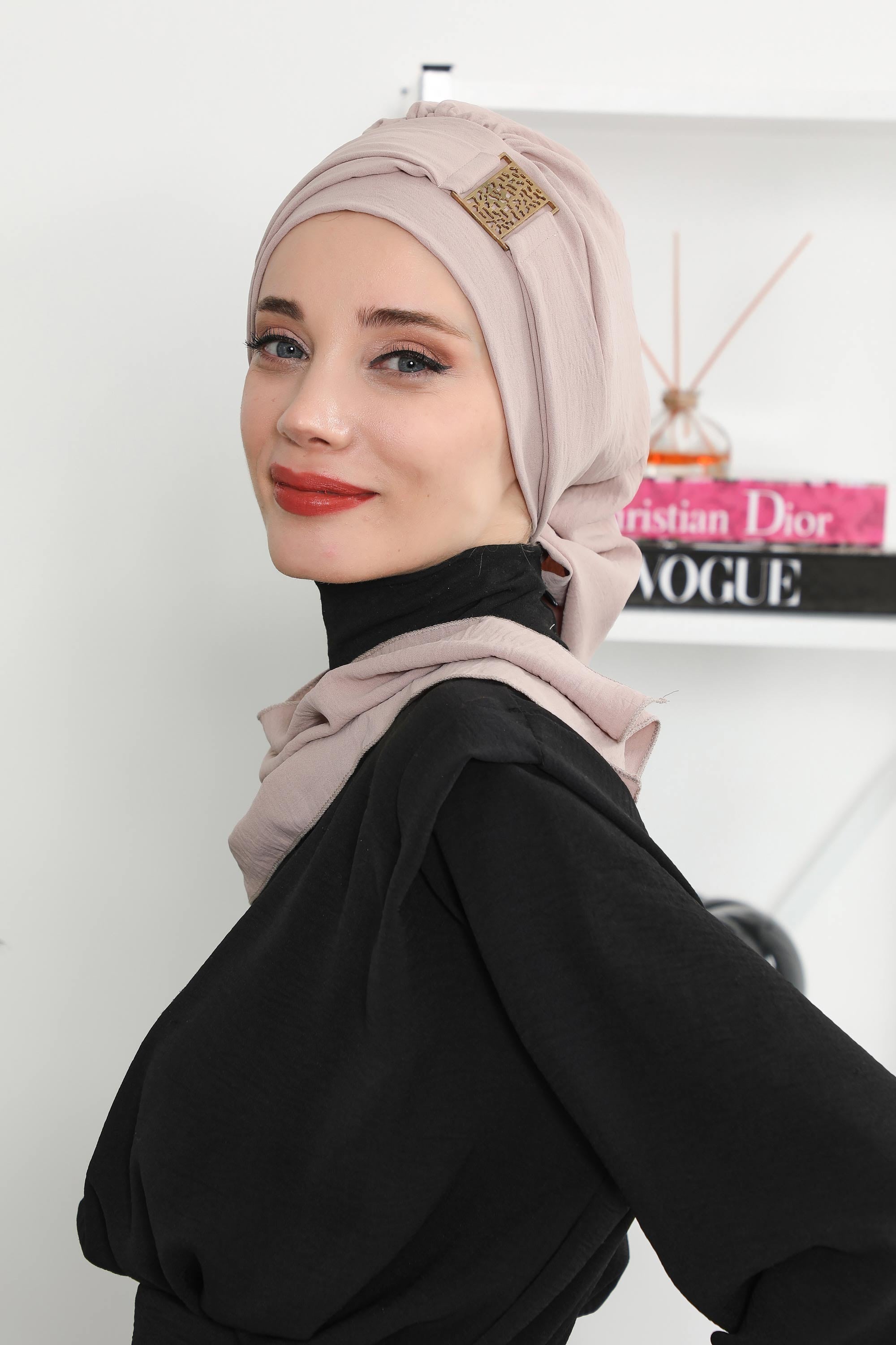 Modest Fashion Instant Aerobin Turban with Leopard Pattern Accessory, Pre-Tied Aerobin Hijab with Chic Metal Accessory,HT-11A Mink