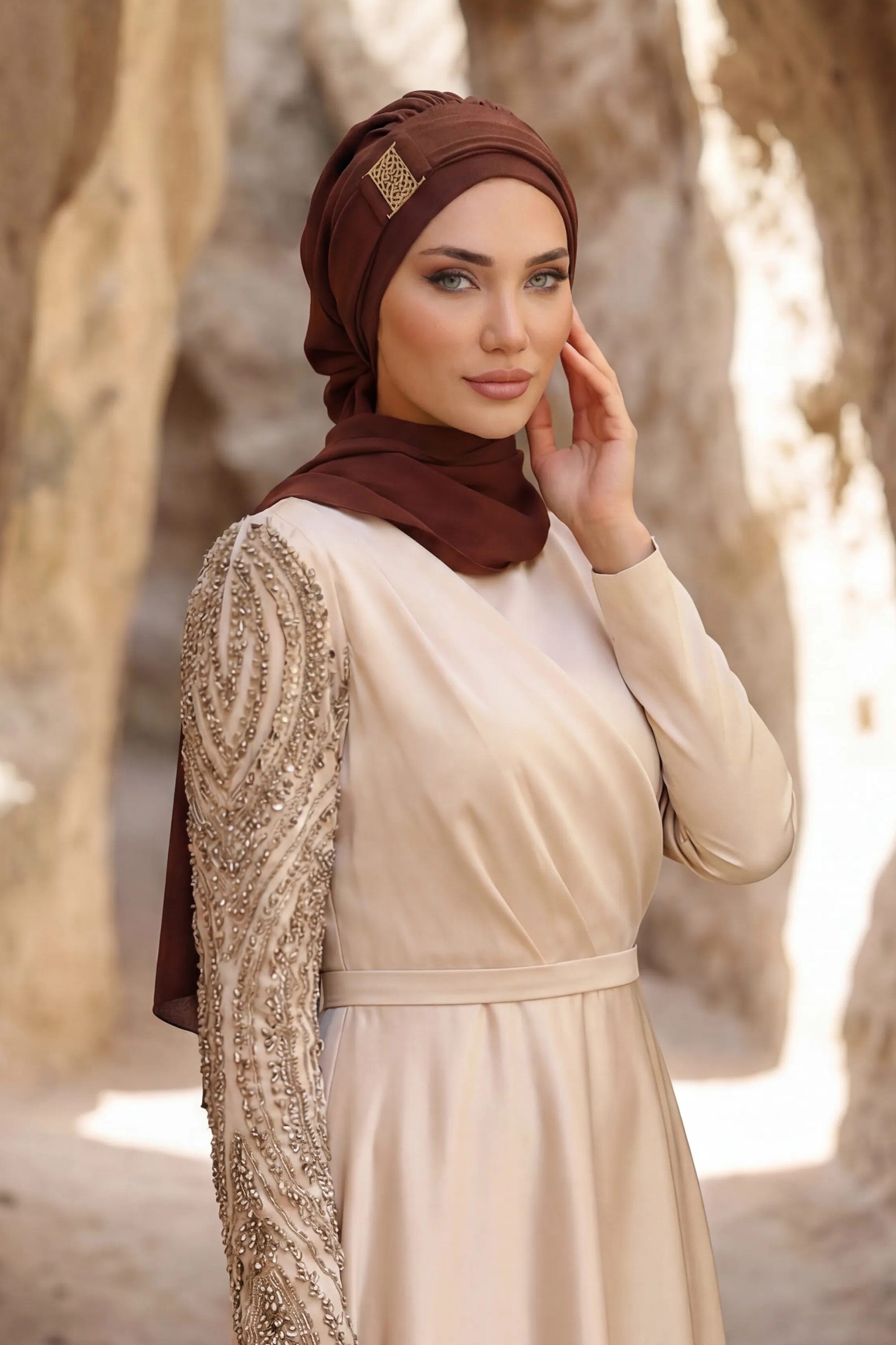 Modest Fashion Instant Aerobin Turban with Leopard Pattern Accessory, Pre-Tied Aerobin Hijab with Chic Metal Accessory,HT-11A Brown