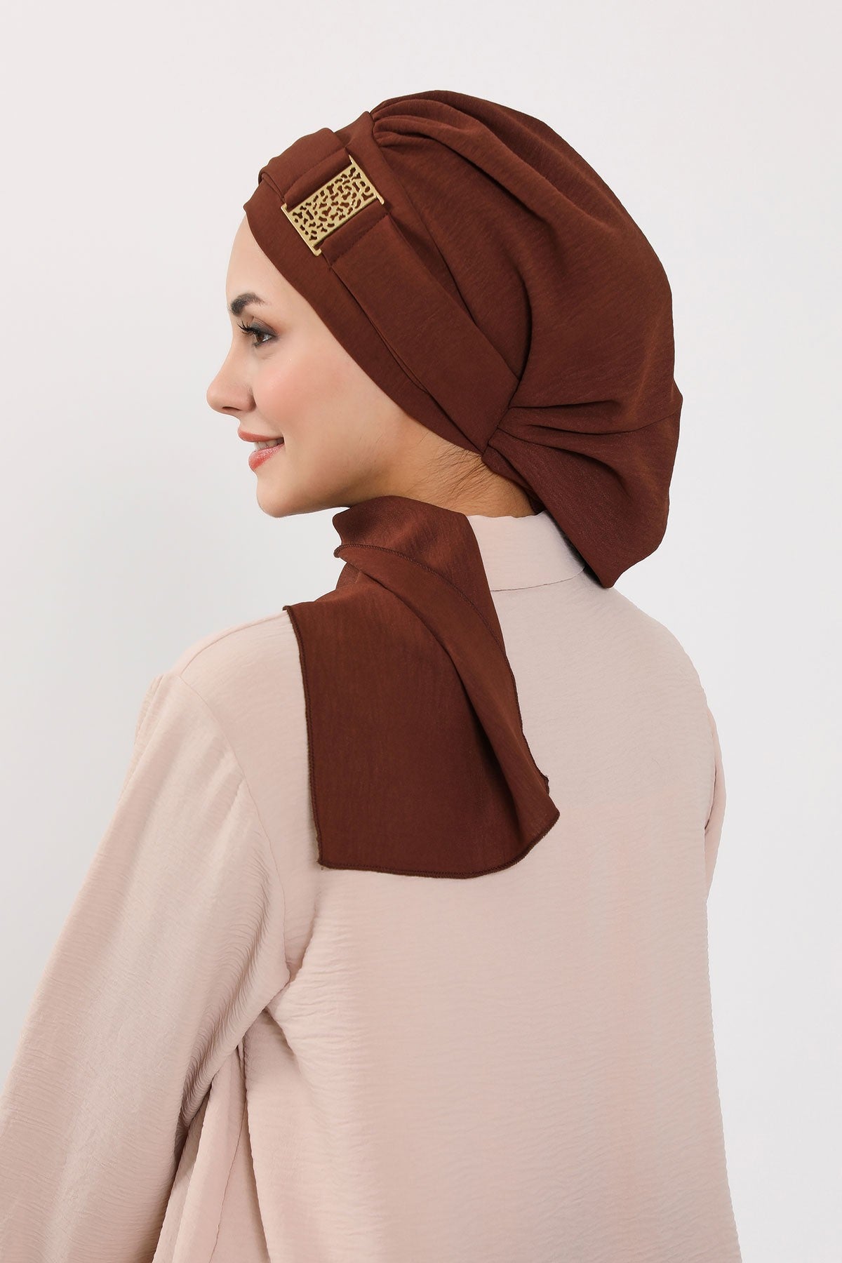 Modest Fashion Instant Aerobin Turban with Leopard Pattern Accessory, Pre-Tied Aerobin Hijab with Chic Metal Accessory,HT-11A Brown