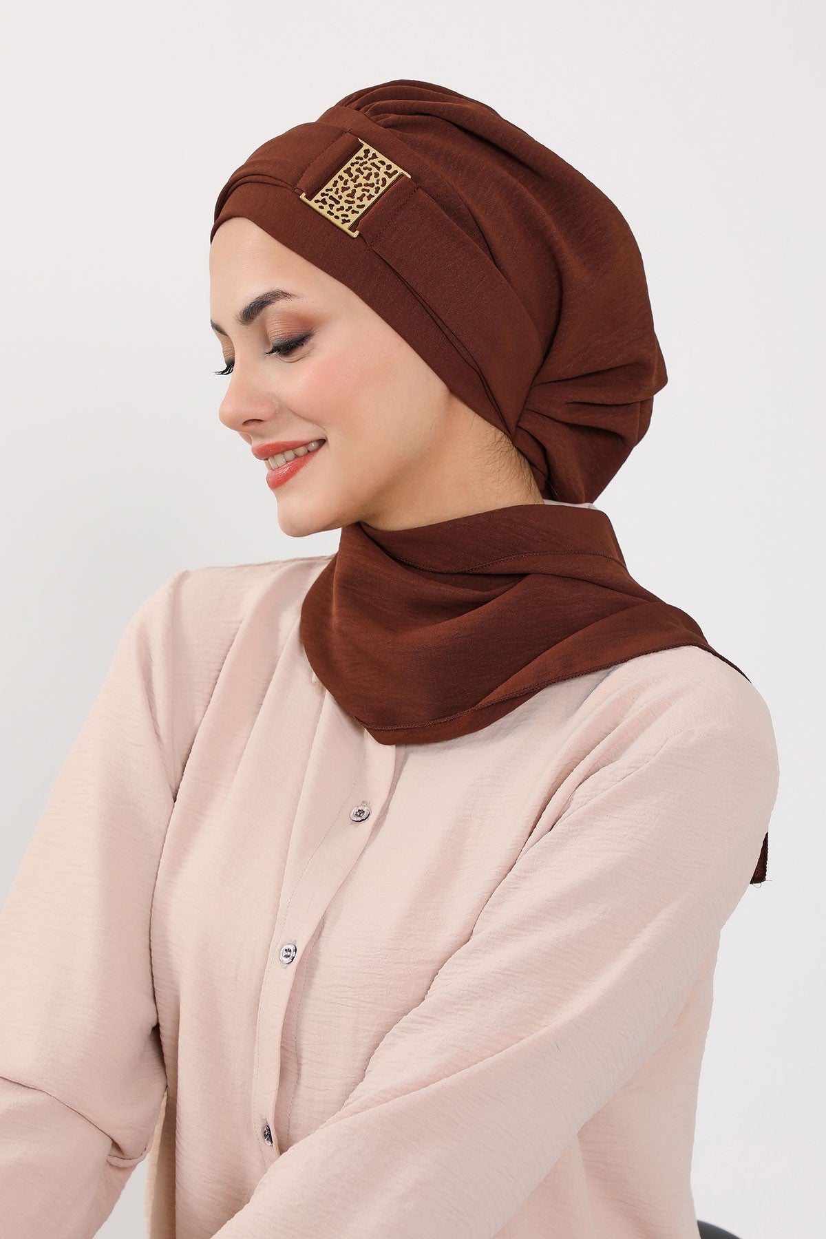 Modest Fashion Instant Aerobin Turban with Leopard Pattern Accessory, Pre-Tied Aerobin Hijab with Chic Metal Accessory,HT-11A Brown