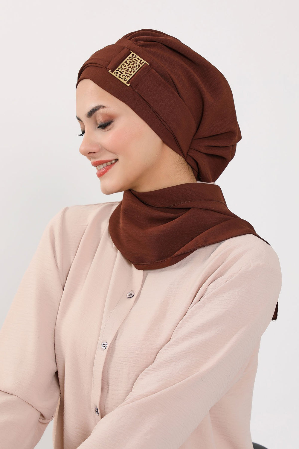 Modest Fashion Instant Aerobin Turban with Leopard Pattern Accessory, Pre-Tied Aerobin Hijab with Chic Metal Accessory,HT-11A Brown
