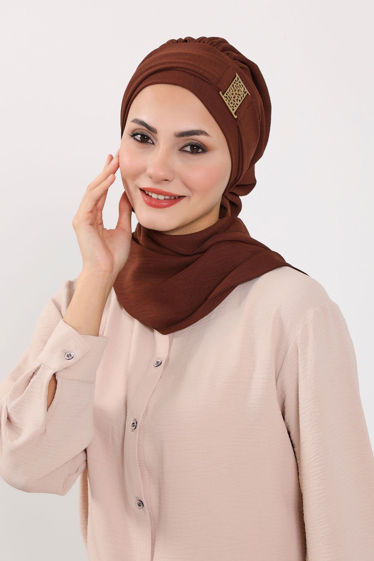 Modest Fashion Instant Aerobin Turban with Leopard Pattern Accessory, Pre-Tied Aerobin Hijab with Chic Metal Accessory,HT-11A Brown