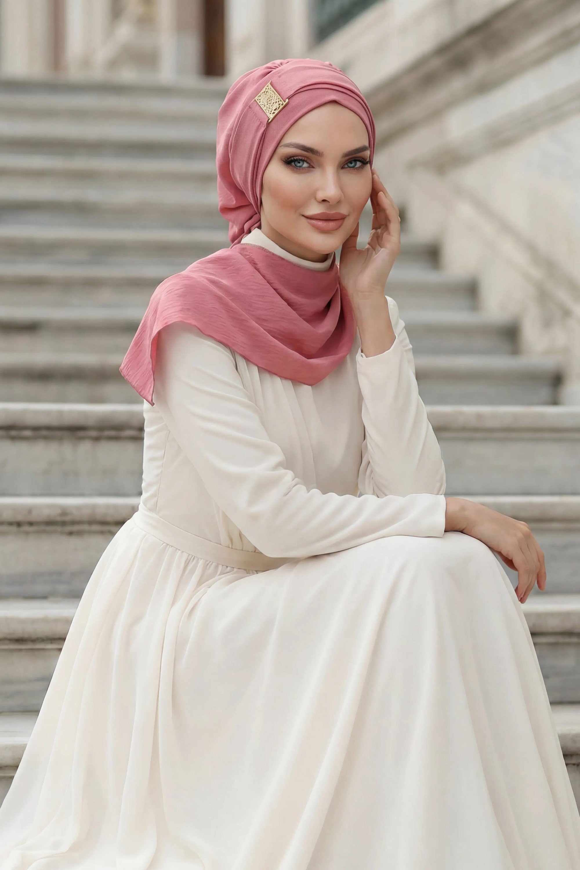 Modest Fashion Instant Aerobin Turban with Leopard Pattern Accessory, Pre-Tied Aerobin Hijab with Chic Metal Accessory,HT-11A Dark Pink