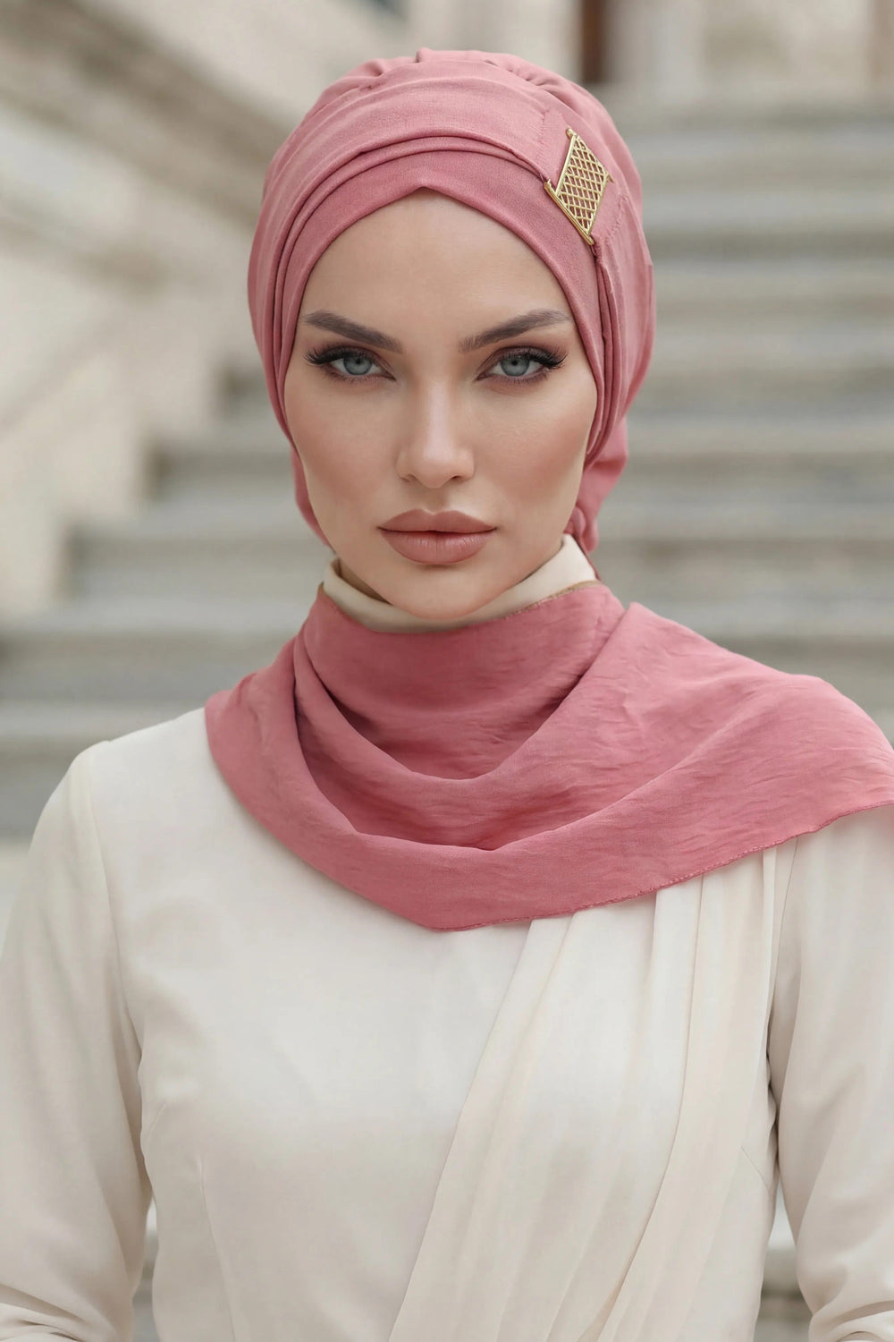 Modest Fashion Instant Aerobin Turban with Leopard Pattern Accessory, Pre-Tied Aerobin Hijab with Chic Metal Accessory,HT-11A Dark Pink