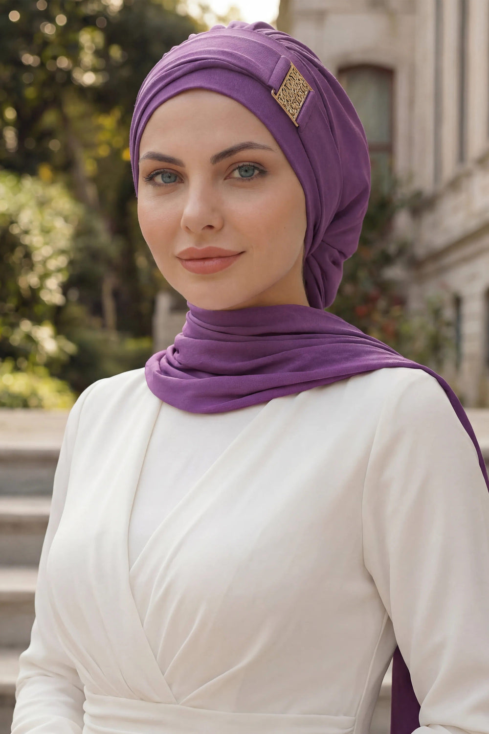Modest Fashion Instant Aerobin Turban with Leopard Pattern Accessory, Pre-Tied Aerobin Hijab with Chic Metal Accessory,HT-11A Purple 2
