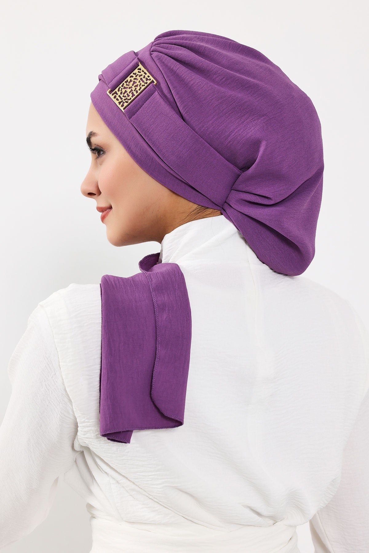 Modest Fashion Instant Aerobin Turban with Leopard Pattern Accessory, Pre-Tied Aerobin Hijab with Chic Metal Accessory,HT-11A Purple 2