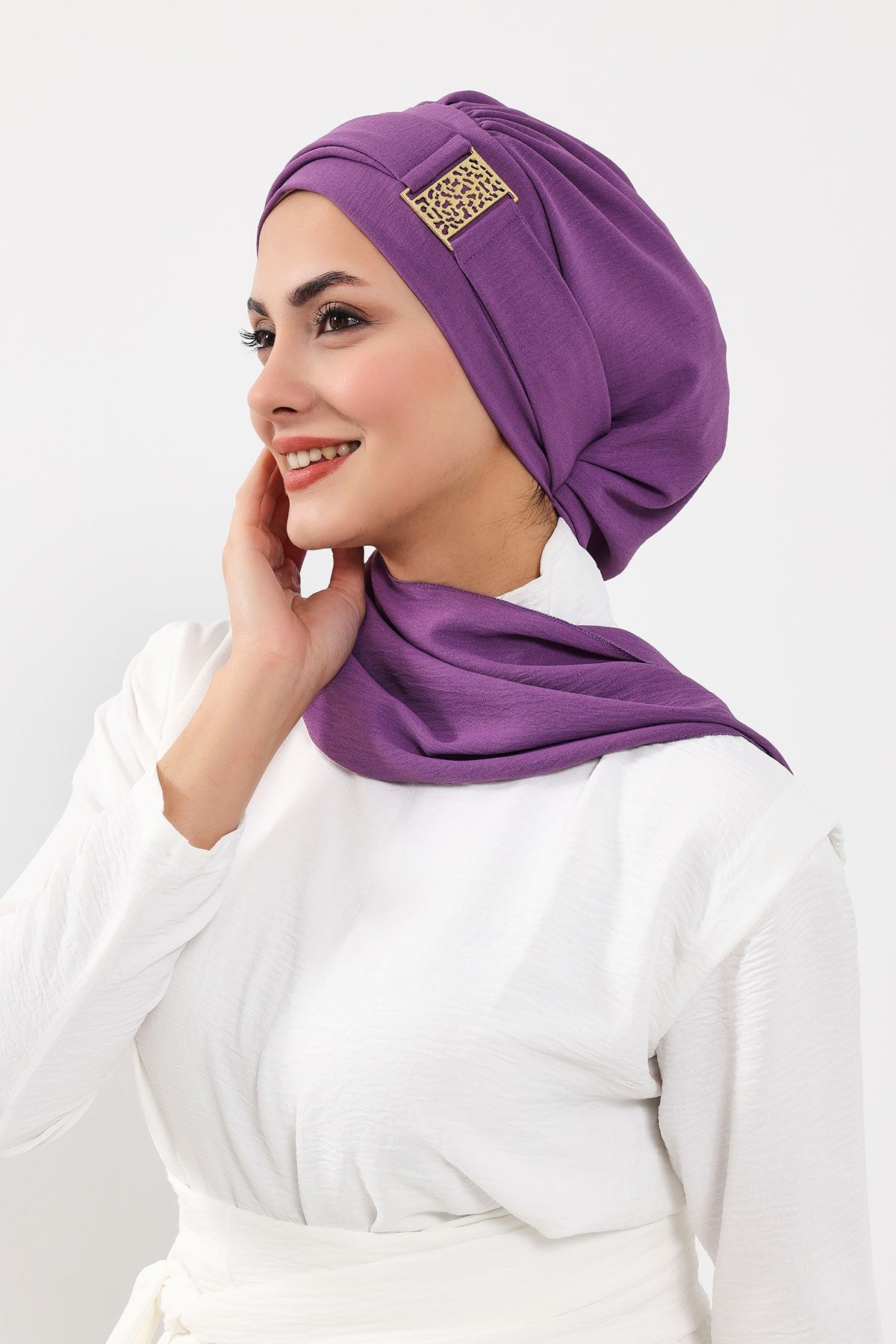 Modest Fashion Instant Aerobin Turban with Leopard Pattern Accessory, Pre-Tied Aerobin Hijab with Chic Metal Accessory,HT-11A Purple 2