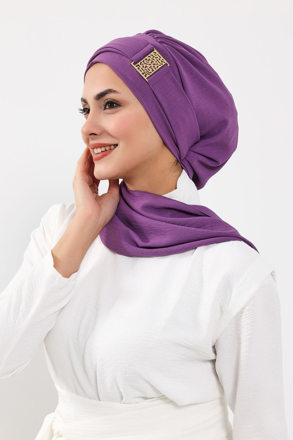 Modest Fashion Instant Aerobin Turban with Leopard Pattern Accessory, Pre-Tied Aerobin Hijab with Chic Metal Accessory,HT-11A Purple 2