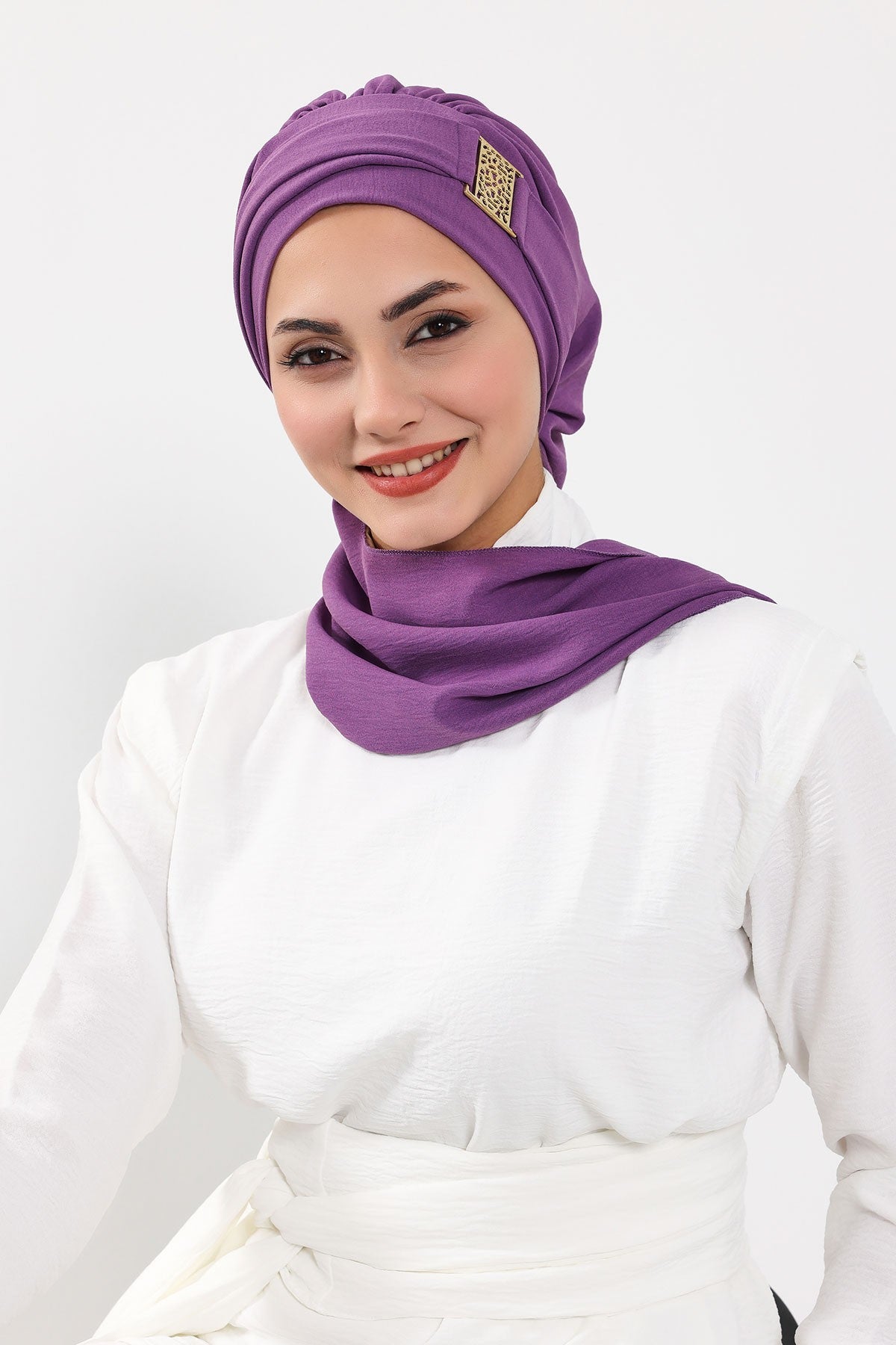 Modest Fashion Instant Aerobin Turban with Leopard Pattern Accessory, Pre-Tied Aerobin Hijab with Chic Metal Accessory,HT-11A Purple 2