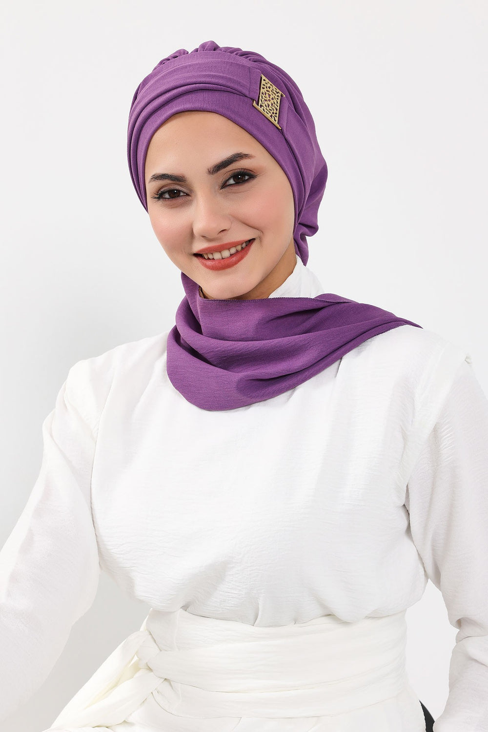 Modest Fashion Instant Aerobin Turban with Leopard Pattern Accessory, Pre-Tied Aerobin Hijab with Chic Metal Accessory,HT-11A Purple 2