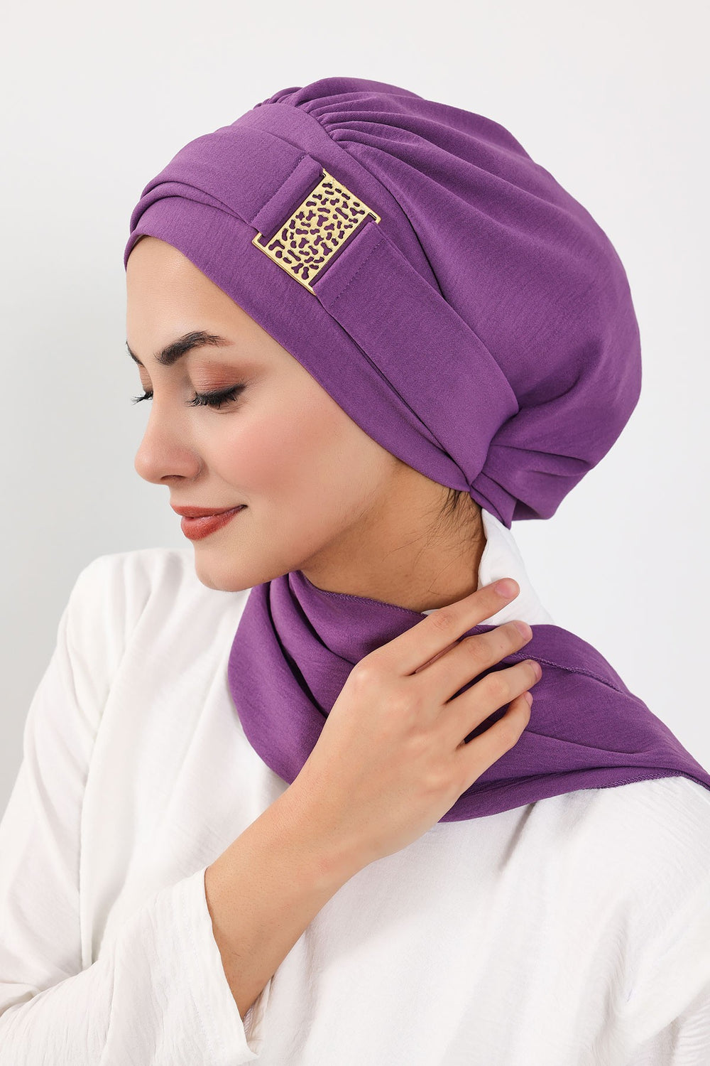 Modest Fashion Instant Aerobin Turban with Leopard Pattern Accessory, Pre-Tied Aerobin Hijab with Chic Metal Accessory,HT-11A Purple 2