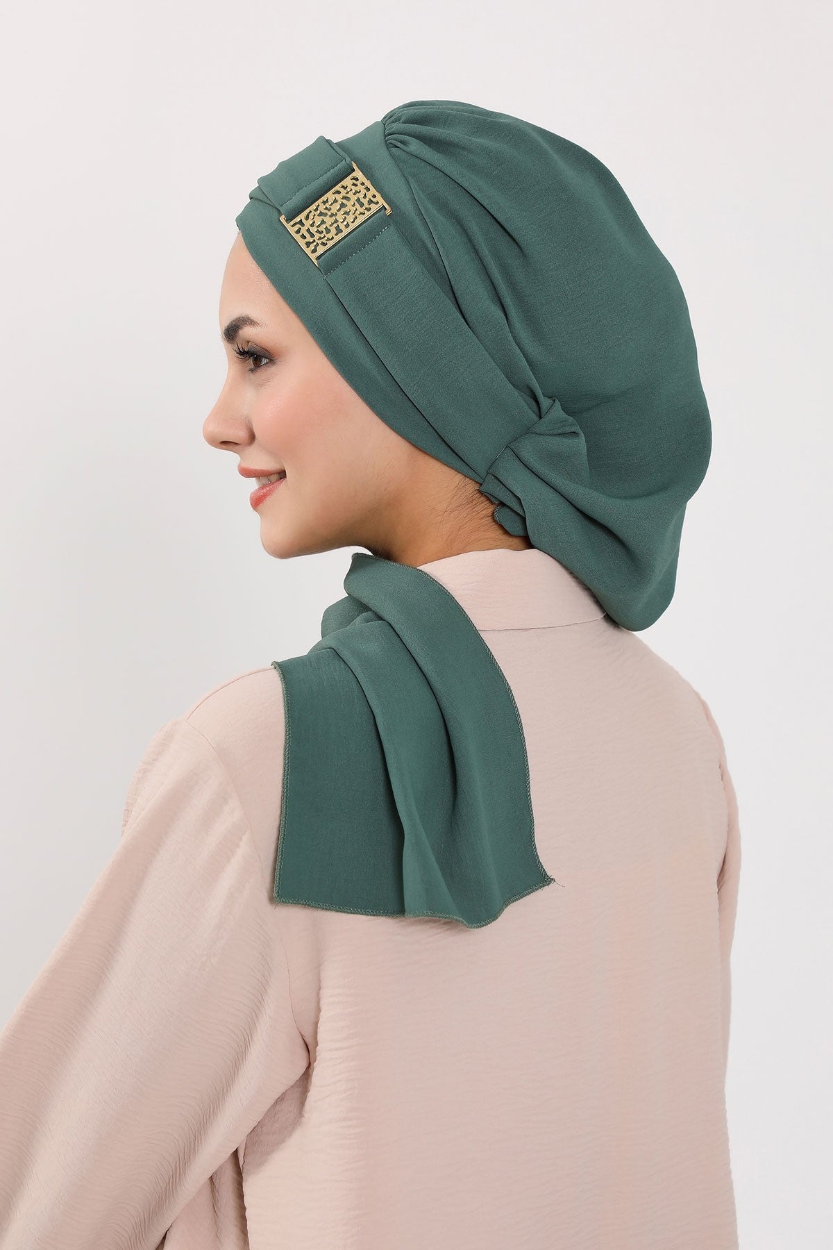 Modest Fashion Instant Aerobin Turban with Leopard Pattern Accessory, Pre-Tied Aerobin Hijab with Chic Metal Accessory,HT-11A Light Green