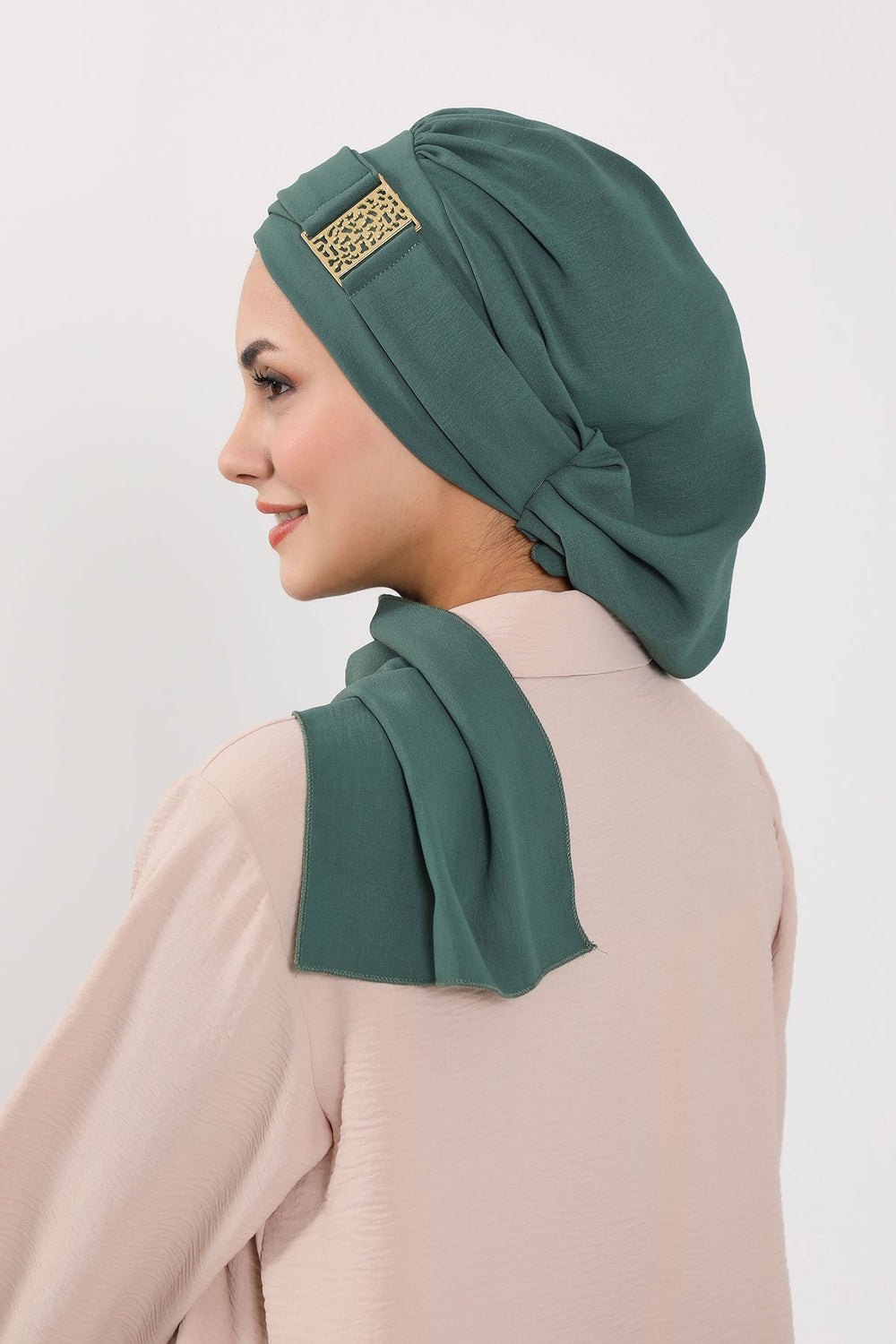 Modest Fashion Instant Aerobin Turban with Leopard Pattern Accessory, Pre-Tied Aerobin Hijab with Chic Metal Accessory,HT-11A Light Green