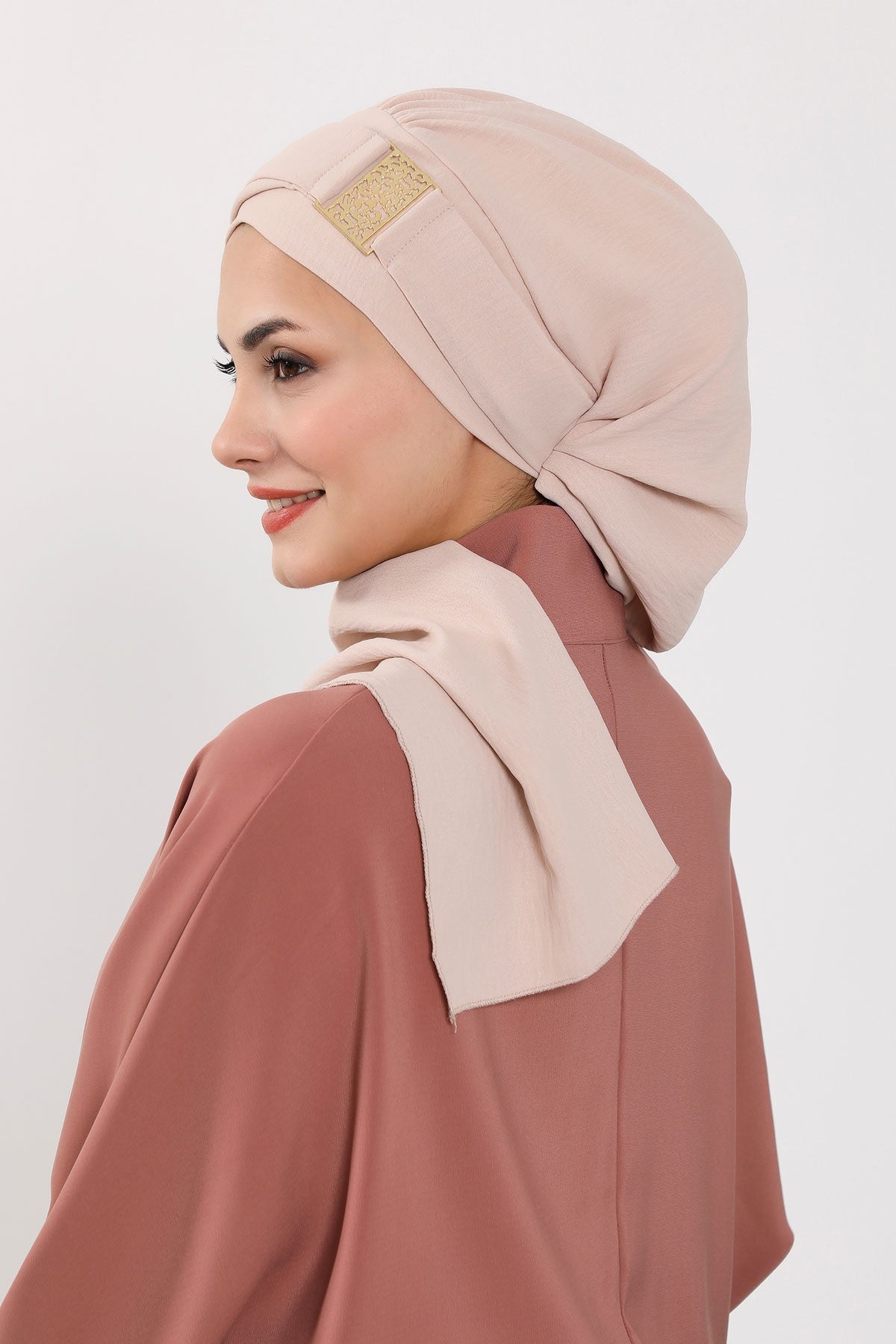 Modest Fashion Instant Aerobin Turban with Leopard Pattern Accessory, Pre-Tied Aerobin Hijab with Chic Metal Accessory,HT-11A Stone