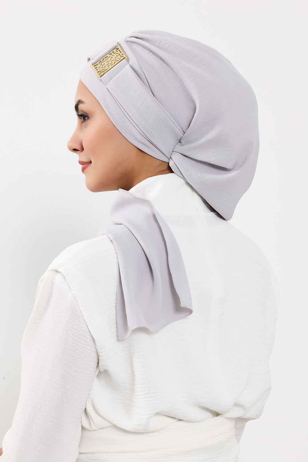 Modest Fashion Instant Aerobin Turban with Leopard Pattern Accessory, Pre-Tied Aerobin Hijab with Chic Metal Accessory,HT-11A Light Grey