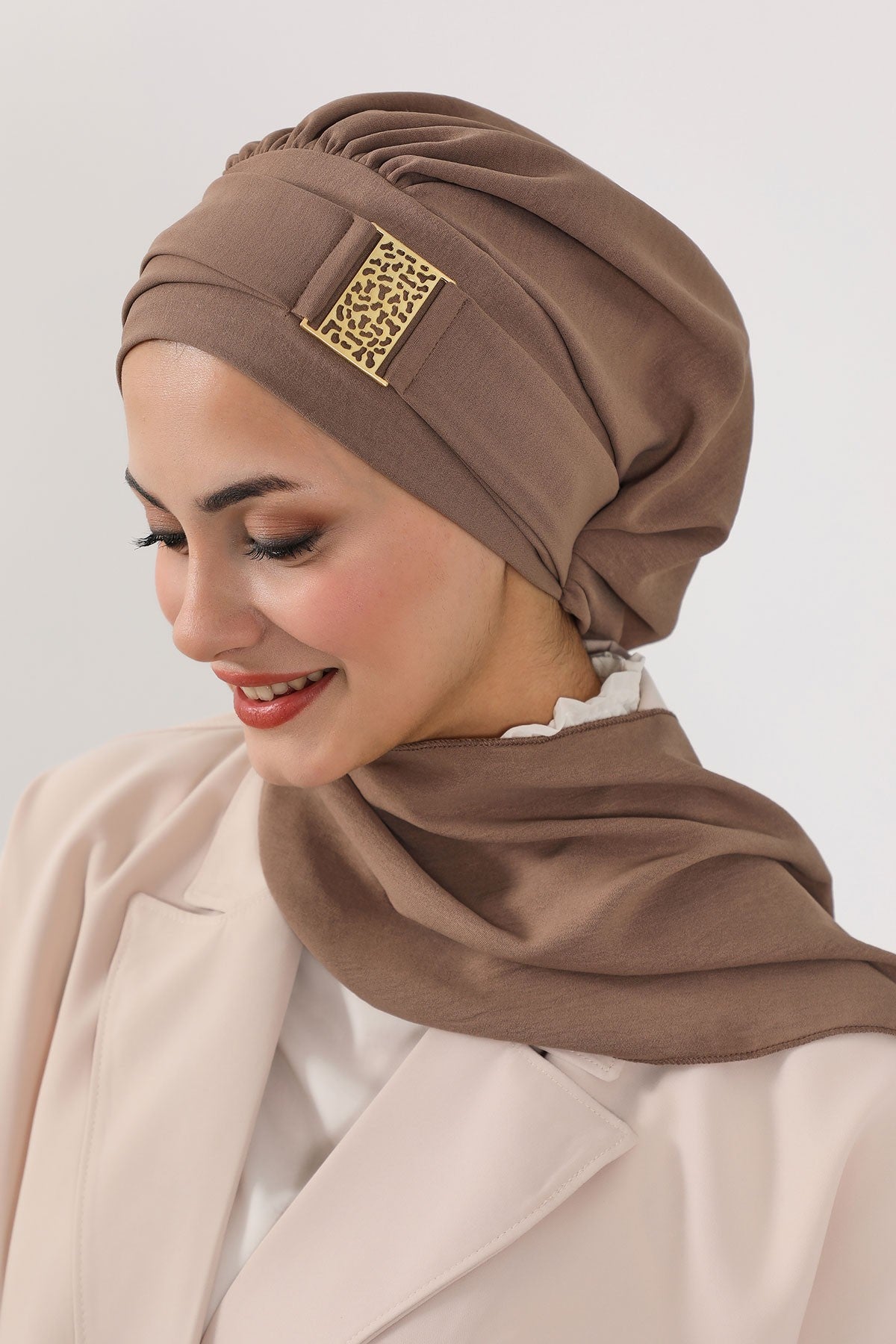 Modest Fashion Instant Aerobin Turban with Leopard Pattern Accessory, Pre-Tied Aerobin Hijab with Chic Metal Accessory,HT-11A Chocolate